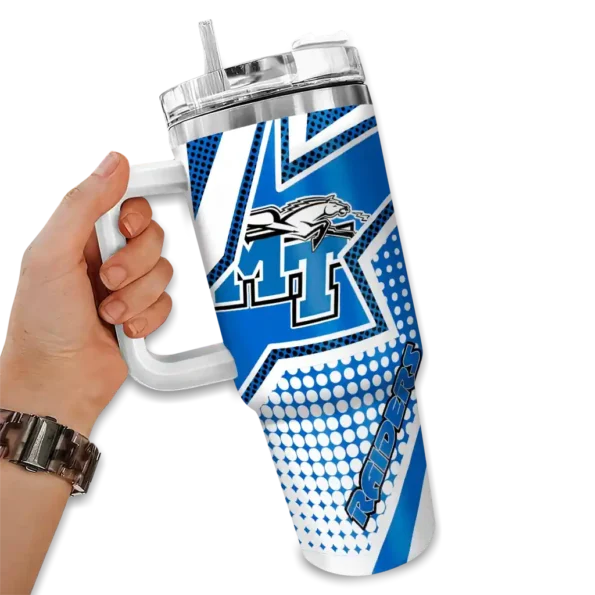 personalized middle tennessee blue raiders arrow burst blue curved tumbler fashion forward.webp