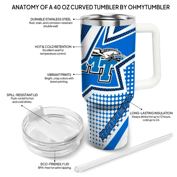 personalized middle tennessee blue raiders arrow burst blue curved tumbler new arrival.webp
