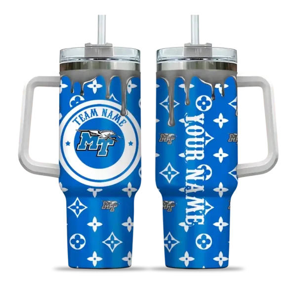 personalized middle tennessee blue raiders bullseye drips blue curved tumbler best selling.webp