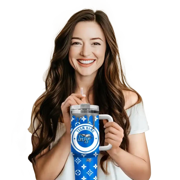 personalized middle tennessee blue raiders bullseye drips blue curved tumbler premium grade.webp