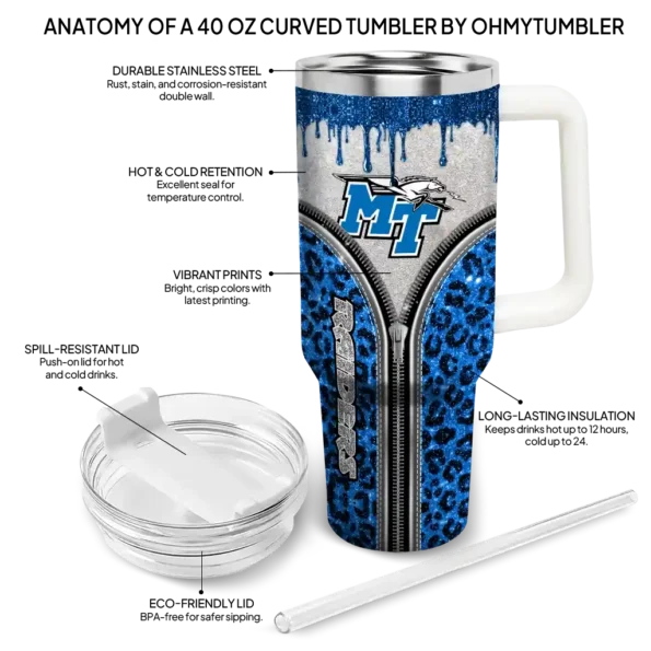 personalized middle tennessee blue raiders leopard zipper blue curved tumbler new arrival.webp