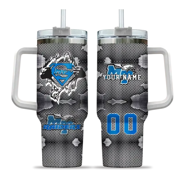 personalized middle tennessee blue raiders superman shield blue gray curved tumbler best selling.webp