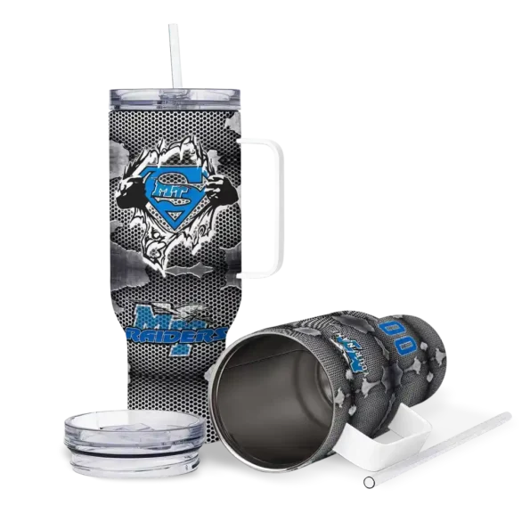 personalized middle tennessee blue raiders superman shield blue gray curved tumbler high quality.webp