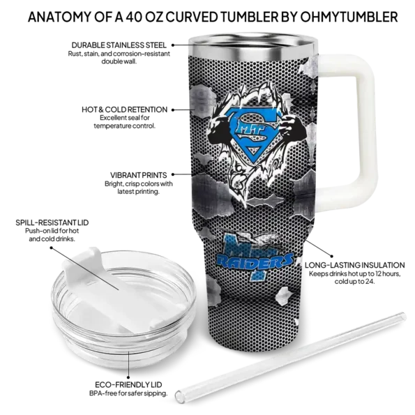 personalized middle tennessee blue raiders superman shield blue gray curved tumbler new arrival.webp