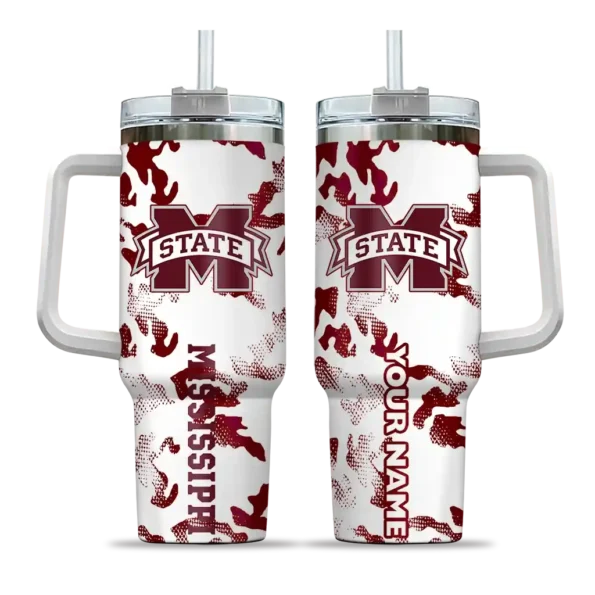 personalized mississippi state bulldogs camo mashup maroon white curved tumbler best selling.webp