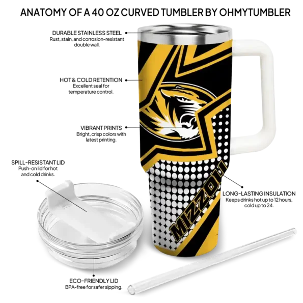personalized missouri tigers arrow burst black curved tumbler new arrival.webp