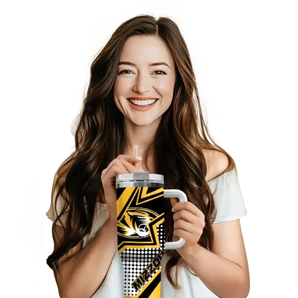 personalized missouri tigers arrow burst black curved tumbler premium grade.webp