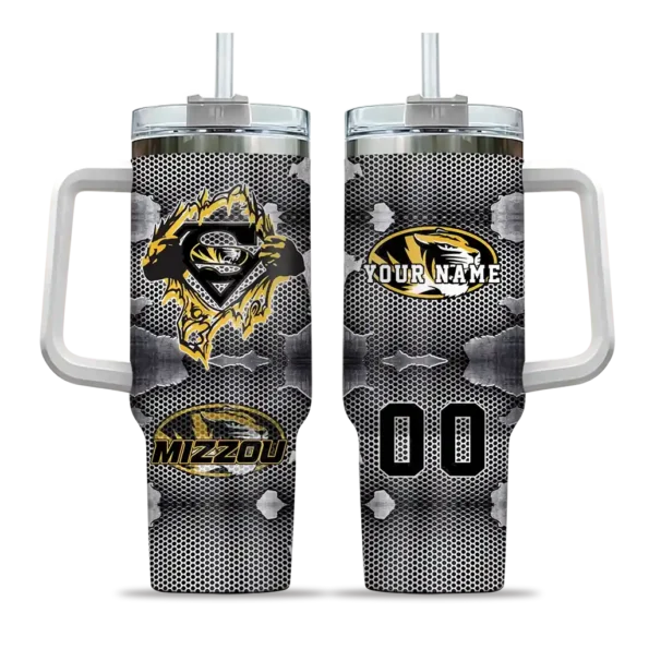 personalized missouri tigers superman shield black gray curved tumbler best selling.webp