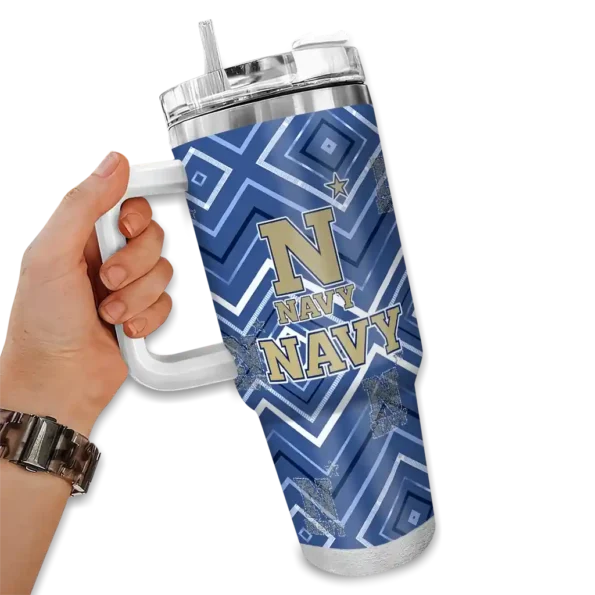 personalized navy midshipmen bold diamonds blue curved tumbler fashion forward.webp