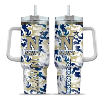 personalized navy midshipmen camo mashup blue white curved tumbler best selling.webp