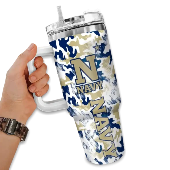 personalized navy midshipmen camo mashup blue white curved tumbler fashion forward.webp
