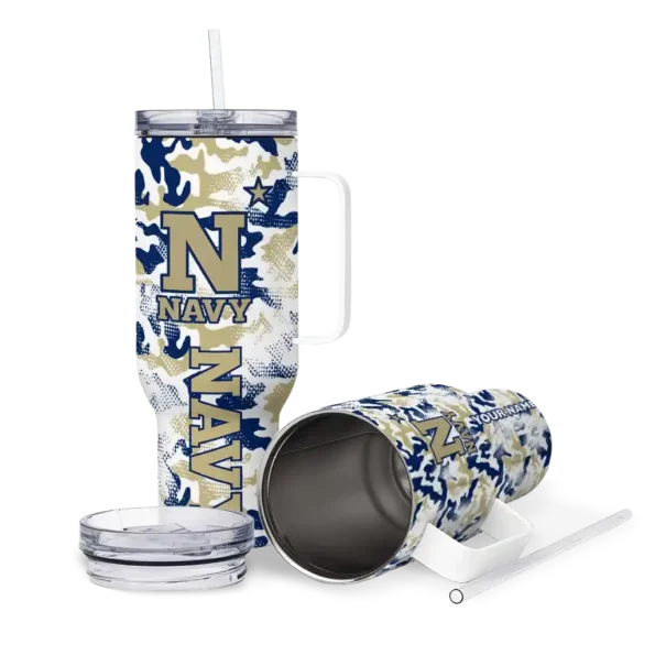 personalized navy midshipmen camo mashup blue white curved tumbler high quality.webp