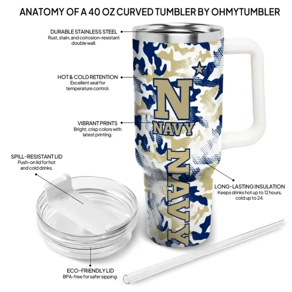 personalized navy midshipmen camo mashup blue white curved tumbler new arrival.webp