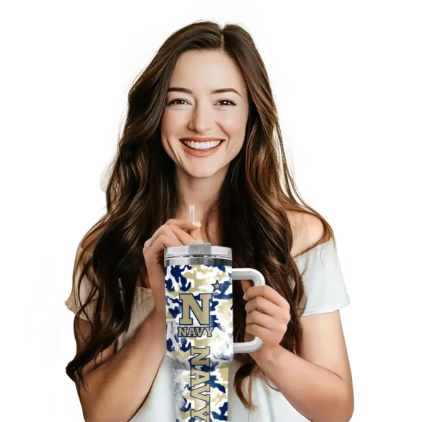 personalized navy midshipmen camo mashup blue white curved tumbler premium grade.webp