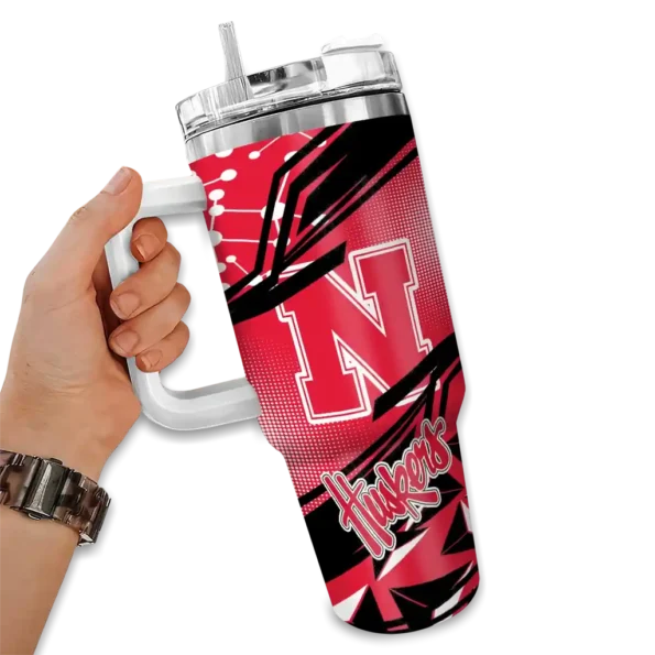 personalized nebraska cornhuskers abstract paths red curved tumbler fashion forward.webp