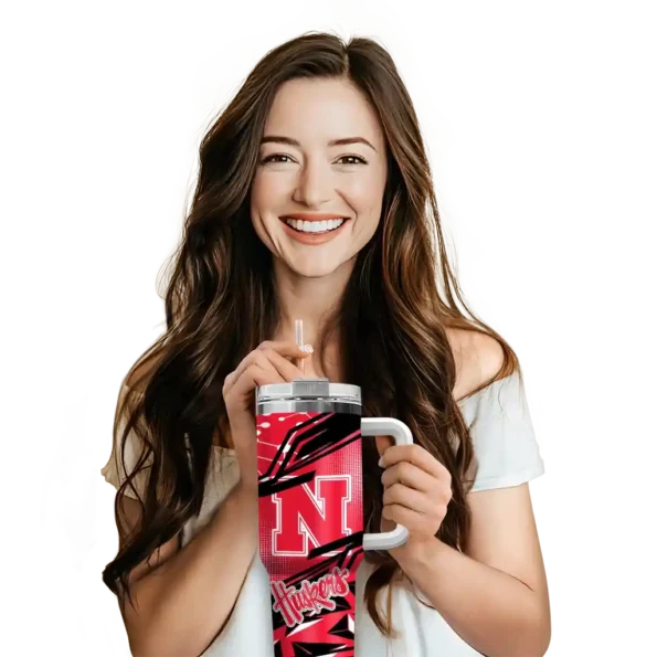 personalized nebraska cornhuskers abstract paths red curved tumbler premium grade.webp