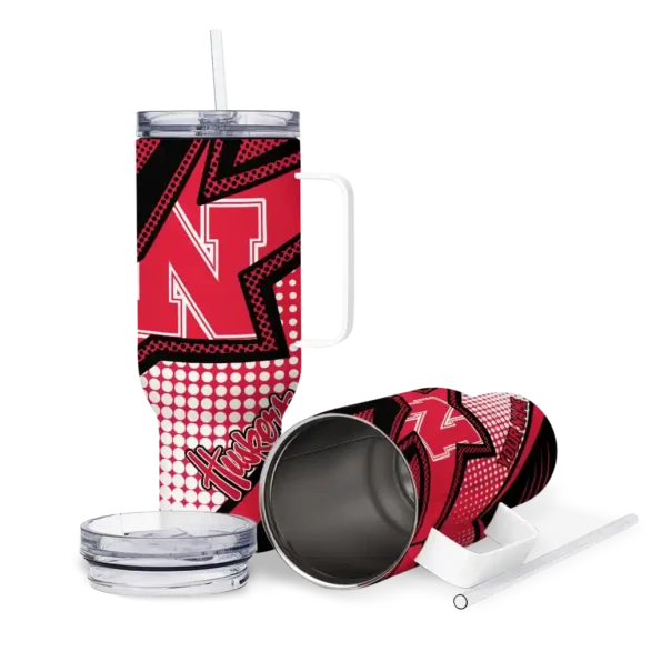 personalized nebraska cornhuskers arrow burst red curved tumbler high quality.webp