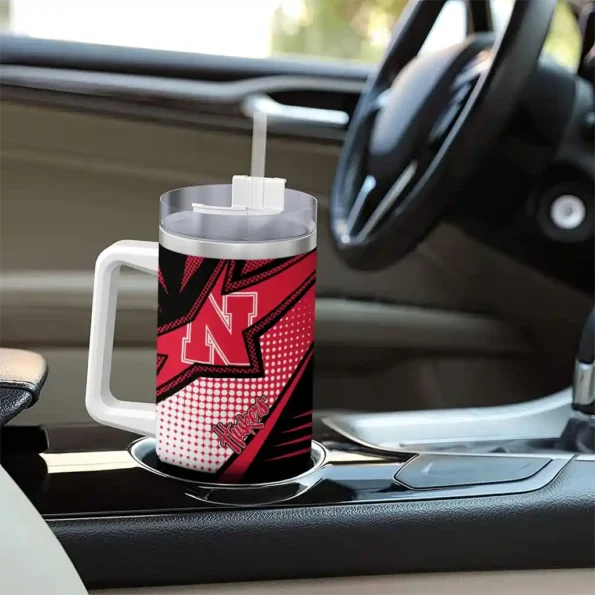 personalized nebraska cornhuskers arrow burst red curved tumbler trendy.webp