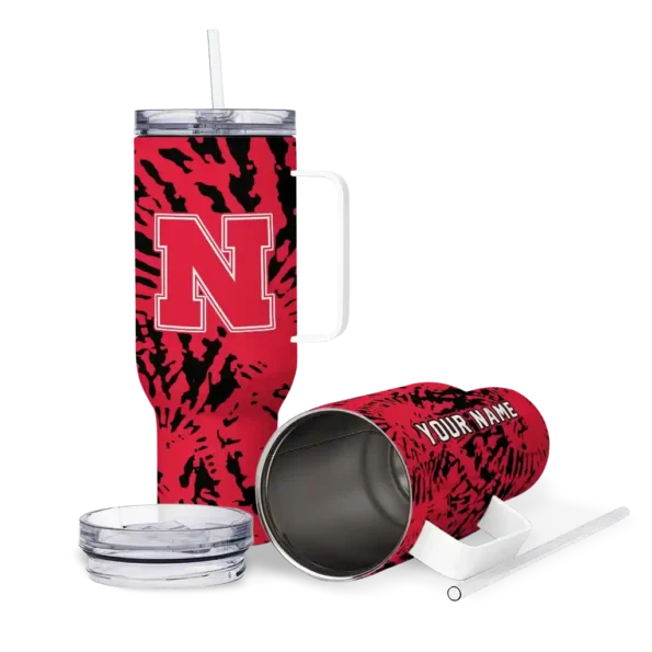 personalized nebraska cornhuskers burst swirl red curved tumbler high quality.webp