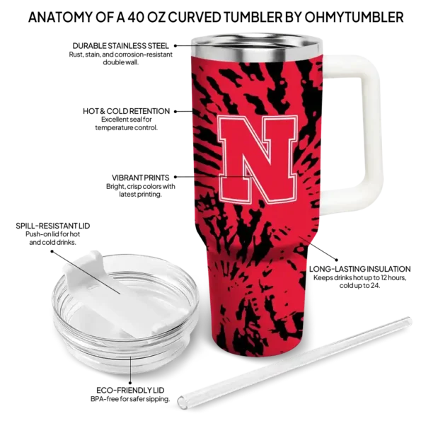 personalized nebraska cornhuskers burst swirl red curved tumbler new arrival.webp