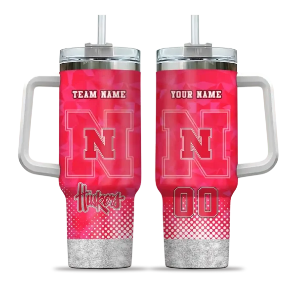 personalized nebraska cornhuskers geometric prism red curved tumbler best selling.webp