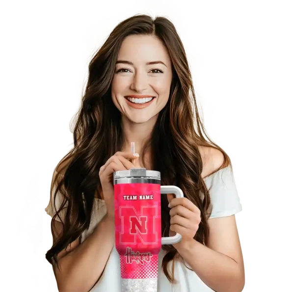 personalized nebraska cornhuskers geometric prism red curved tumbler premium grade.webp
