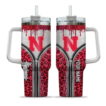 personalized nebraska cornhuskers leopard zipper red curved tumbler best selling.webp
