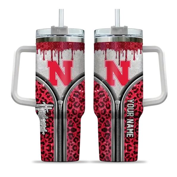 personalized nebraska cornhuskers leopard zipper red curved tumbler best selling.webp