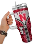 personalized nebraska cornhuskers leopard zipper red curved tumbler best selling.webp