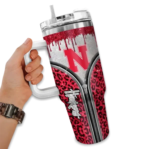 personalized nebraska cornhuskers leopard zipper red curved tumbler fashion forward.webp