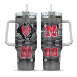 personalized nebraska cornhuskers superman shield red gray curved tumbler best selling.webp