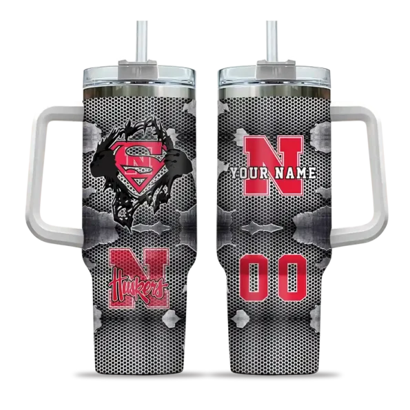 personalized nebraska cornhuskers superman shield red gray curved tumbler best selling.webp
