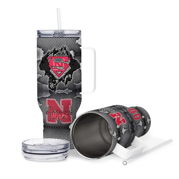 personalized nebraska cornhuskers superman shield red gray curved tumbler high quality.webp