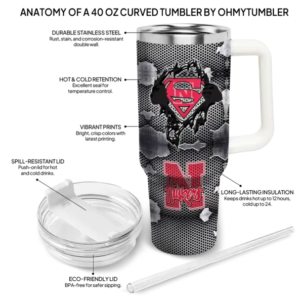personalized nebraska cornhuskers superman shield red gray curved tumbler new arrival.webp