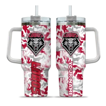 personalized new mexico lobos camo mashup red white curved tumbler best selling.webp