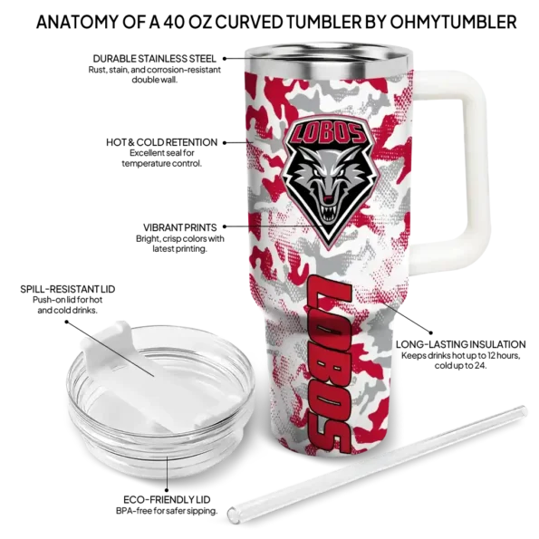 personalized new mexico lobos camo mashup red white curved tumbler new arrival.webp