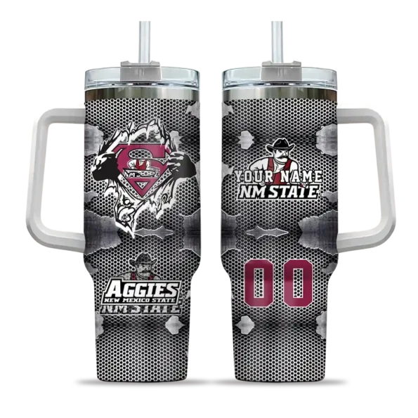 personalized new mexico state aggies superman shield crimson gray curved tumbler best selling