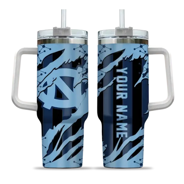 personalized north carolina tar heels claw cut light blue black curved tumbler best selling