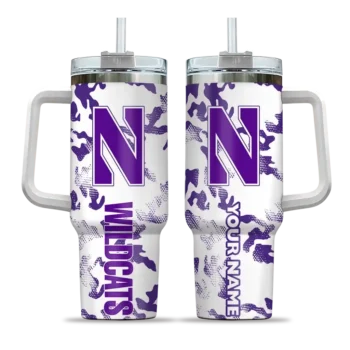 personalized northwestern wildcats camo mashup purple white curved tumbler best selling.webp