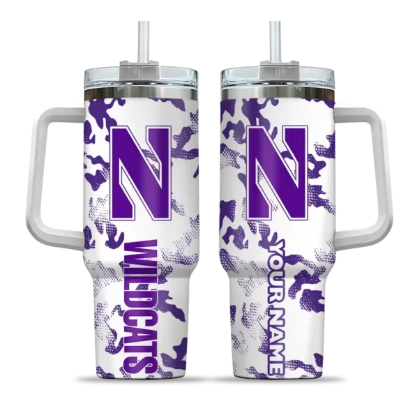 personalized northwestern wildcats camo mashup purple white curved tumbler best selling.webp