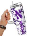 personalized northwestern wildcats camo mashup purple white curved tumbler best selling.webp