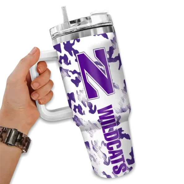 personalized northwestern wildcats camo mashup purple white curved tumbler fashion forward.webp