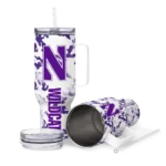 personalized northwestern wildcats camo mashup purple white curved tumbler best selling.webp