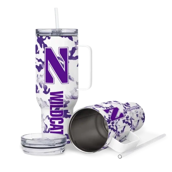 personalized northwestern wildcats camo mashup purple white curved tumbler high quality.webp