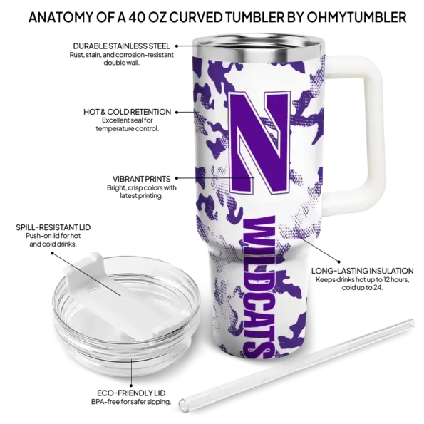 personalized northwestern wildcats camo mashup purple white curved tumbler new arrival.webp
