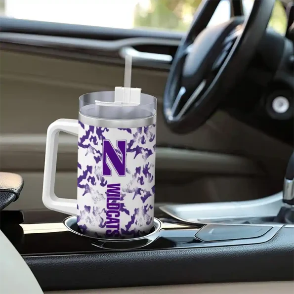 personalized northwestern wildcats camo mashup purple white curved tumbler trendy.webp
