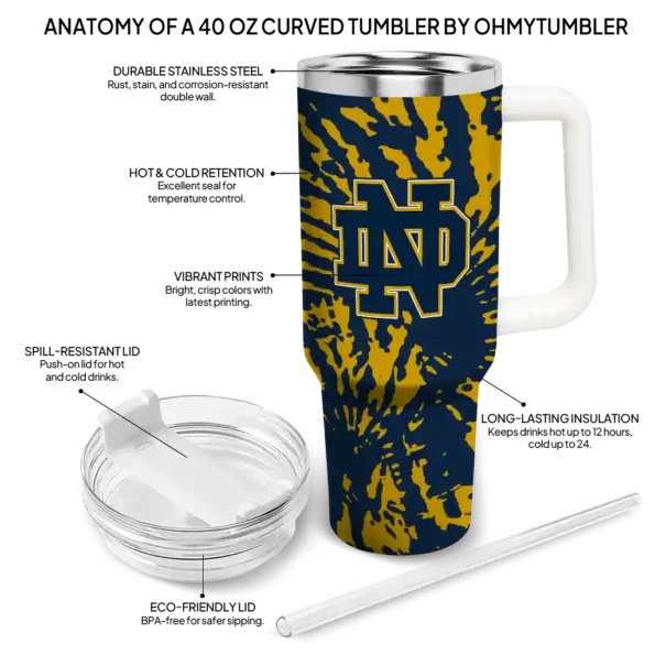 personalized notre dame fighting irish burst swirl navy curved tumbler new arrival.webp