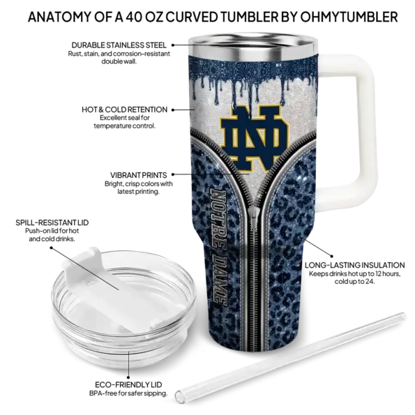 personalized notre dame fighting irish leopard zipper navy curved tumbler new arrival.webp