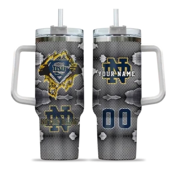 personalized notre dame fighting irish superman shield navy gray curved tumbler best selling.webp
