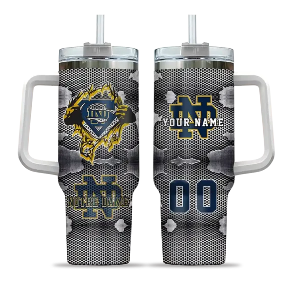 personalized notre dame fighting irish superman shield navy gray curved tumbler best selling.webp